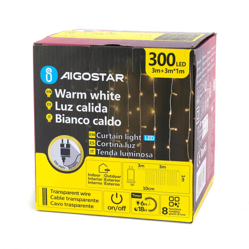 Aigostar - LED Εξωτερική γιρλάντα 300xLED/8 λειτουργίες 3x1m IP44 θερμό λευκό + τηλεχειριστήριο