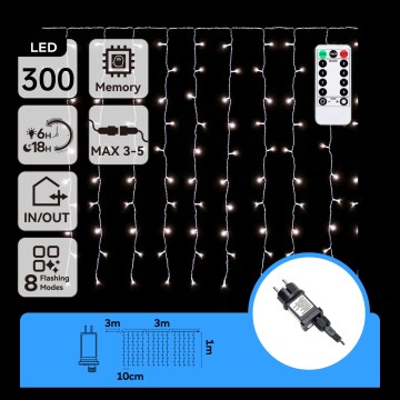 Aigostar - LED χριστουγεννιάτικη γιρλάντα εξωτερικού χώρου 300xLED/8 λειτουργίες 3x1m IP44 ψυχρό λευκό + τηλεχειριστήριο