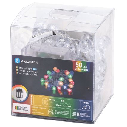 Aigostar - LED χριστουγεννιάτικη γιρλάντα εξωτερικού χώρου 50xLED/8 λειτουργίες 3xAA 5,3m IP44 πολύχρωμη