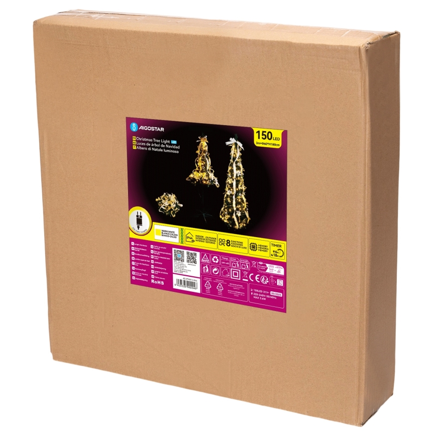 Aigostar - LED εξωτερικό χριστουγεννιάτικο δέντρο 150xLED 1,8m IP44 λευκό/χρυσό θερμό λευκό