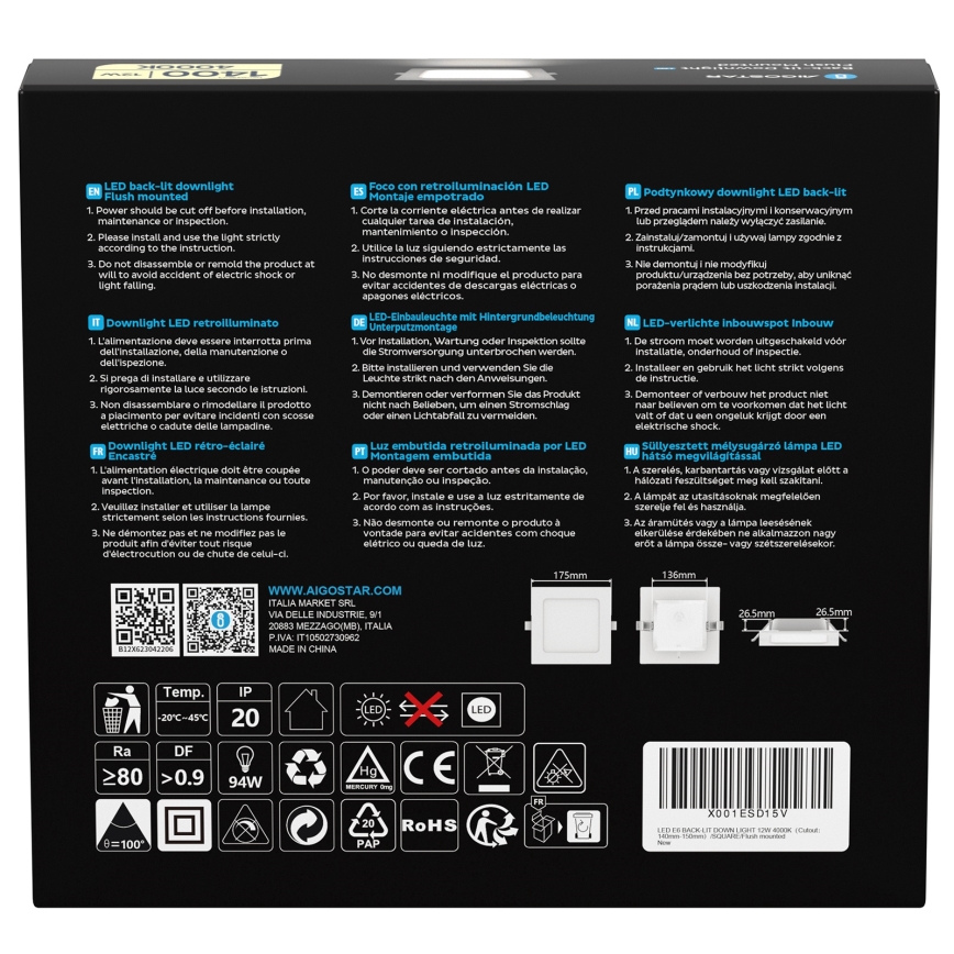 Aigostar - LED χωνευτό φωτιστικό LED/12W/230V 4000K 17,5x17,5 cm λευκό