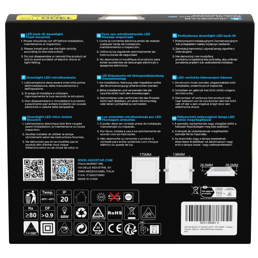 Aigostar - LED χωνευτό φωτιστικό οροφής LED/12W/230V 3000K 17,5x17,5 cm λευκό