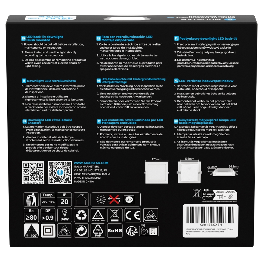 Aigostar - LED χωνευτό φωτιστικό οροφής LED/12W/230V 6500K 17,5x17,5 cm λευκό