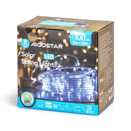 Aigostar - Ηλιακή LED γιρλάντα 100xLED/8 λειτουργίες 12m IP65 ψυχρό λευκό 800 mAh