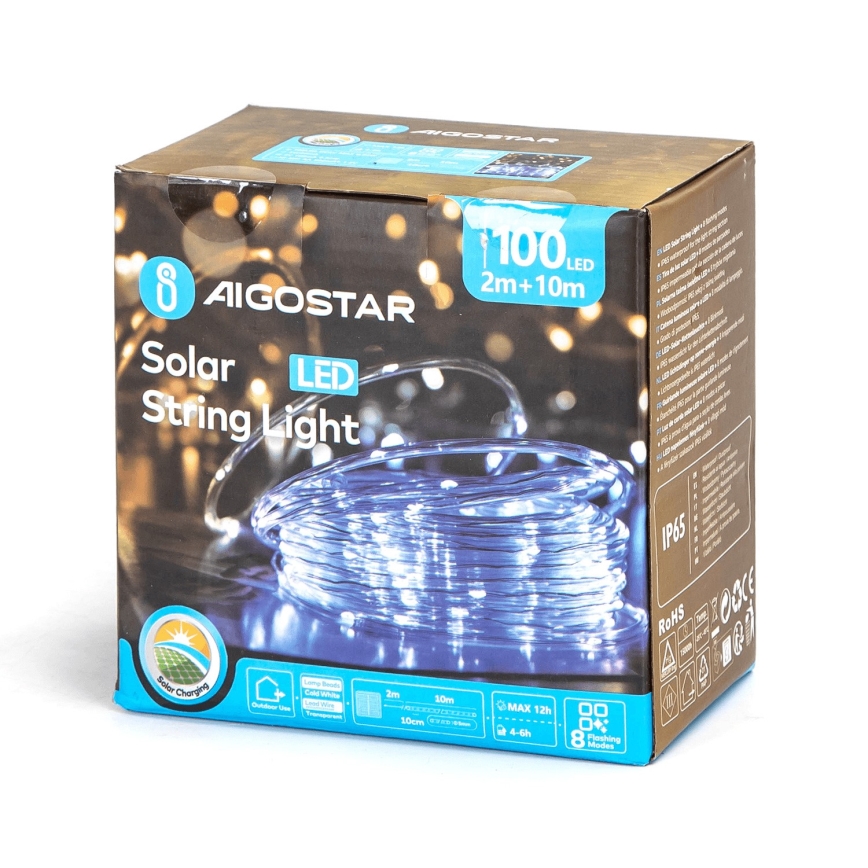Aigostar - Ηλιακή LED γιρλάντα 100xLED/8 λειτουργίες 12m IP65 ψυχρό λευκό 800 mAh