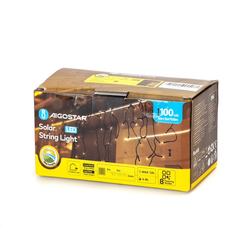 Aigostar - Ηλιακή γιρλάντα LED 100xLED/8 λειτουργίες 8x0,6m 800 mAh IP65 θερμό λευκό