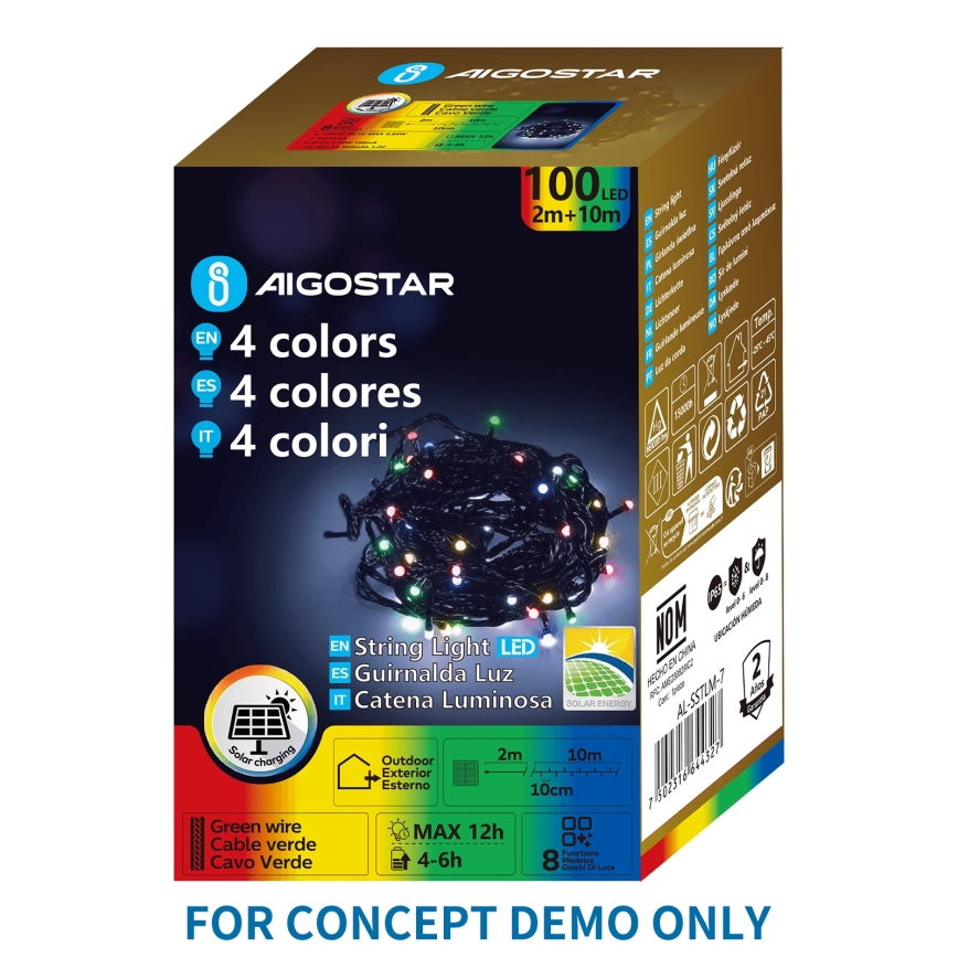 Aigostar - Ηλιακή χριστουγεννιάτικη γιρλάντα LED 200xLED/8 λειτουργίες 22m IP65 πολύχρωμη 800 mAh
