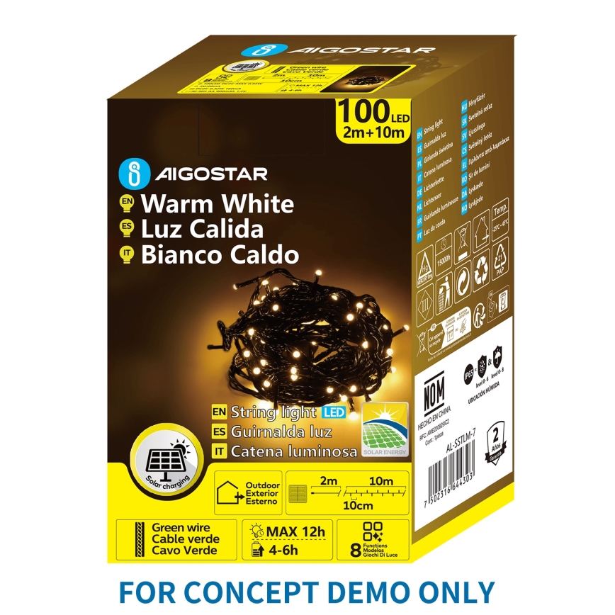 Aigostar - Ηλιακή LED Χριστουγεννιάτικη Γιρλάντα 200 LED/8 λειτουργίες 22 m IP65 θερμό λευκό 800 mAh