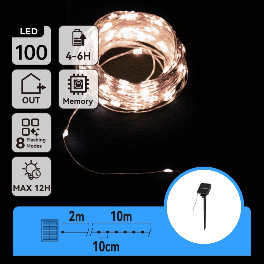 Aigostar - Ηλιακή γιρλάντα LED 100xLED/8 λειτουργίες 12m IP65 800 mAh ψυχρό λευκό