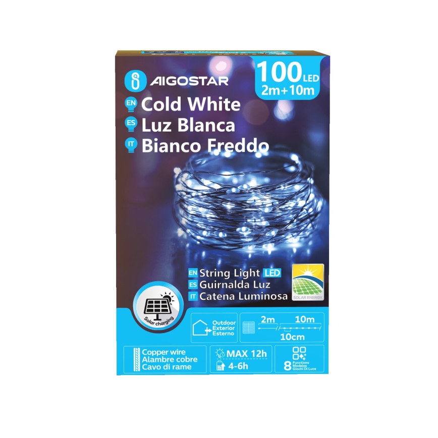 Aigostar - Ηλιακή γιρλάντα LED 100xLED/8 λειτουργίες 12m IP65 800 mAh ψυχρό λευκό