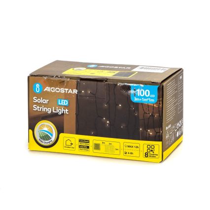 Aigostar - Ηλιακή σειρά LED 100xLED/8 λειτουργίες 4x1m IP65 θερμό λευκό 800 mAh