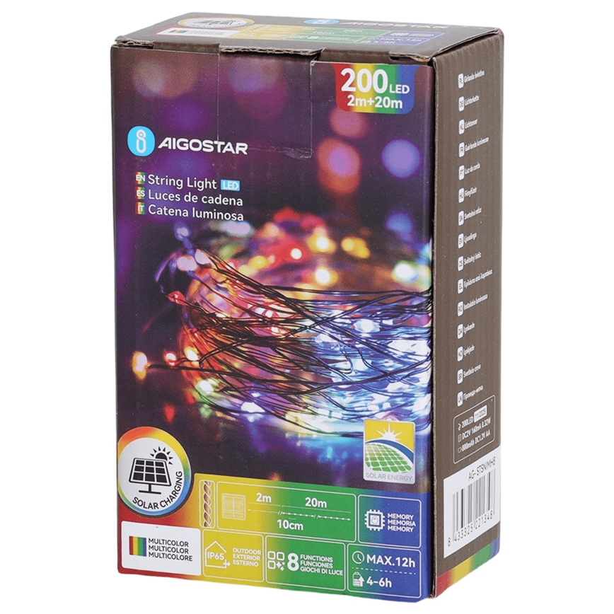 Aigostar - Ηλιακή γιρλάντα LED 200 LED / 8 λειτουργίες, 22 m, IP65, πολύχρωμη, 800 mAh