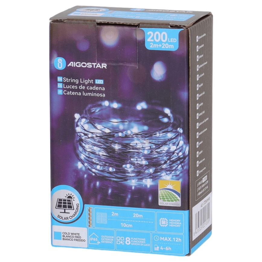 Aigostar - Ηλιακή γιρλάντα LED 200xLED/8 λειτουργίες 22 m IP65 ψυχρό λευκό 800 mAh