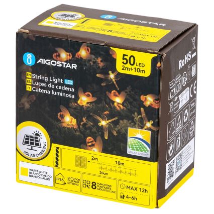 Aigostar - Ηλιακή LED διακοσμητική γιρλάντα 50xLED/8 λειτουργίες 10 m 800 mAh IP65 θερμό λευκό