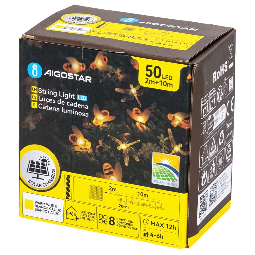 Aigostar - Ηλιακή LED διακοσμητική γιρλάντα 50xLED/8 λειτουργίες 10 m 800 mAh IP65 θερμό λευκό