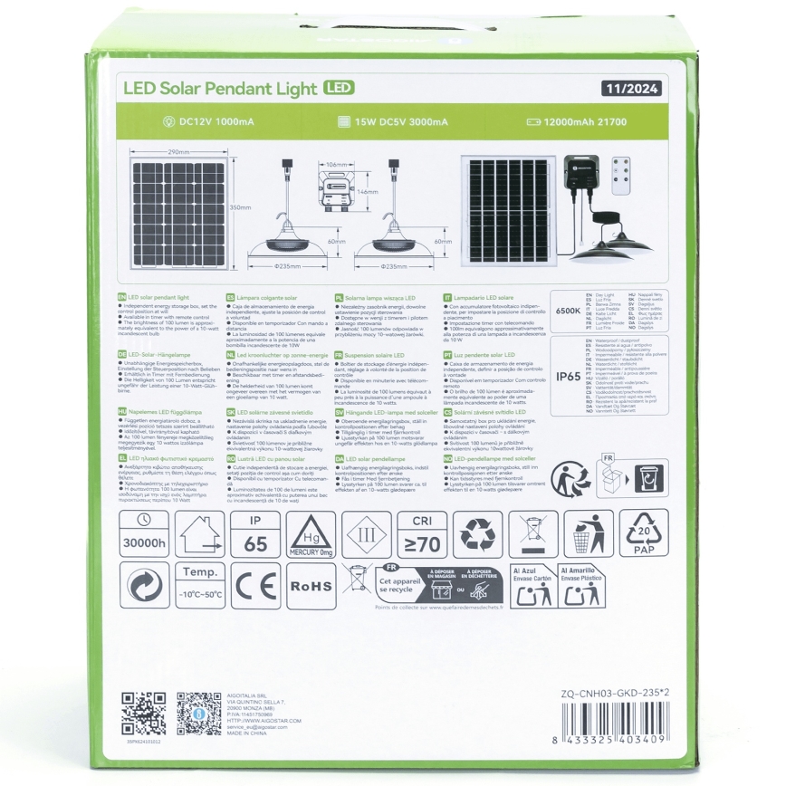 Aigostar - Ηλιακό LED φωτιστικό 2x LED / 70W / 12V, 12000 mAh, 6500K, IP65, Ø 23,5 cm + τηλεχειριστήριο