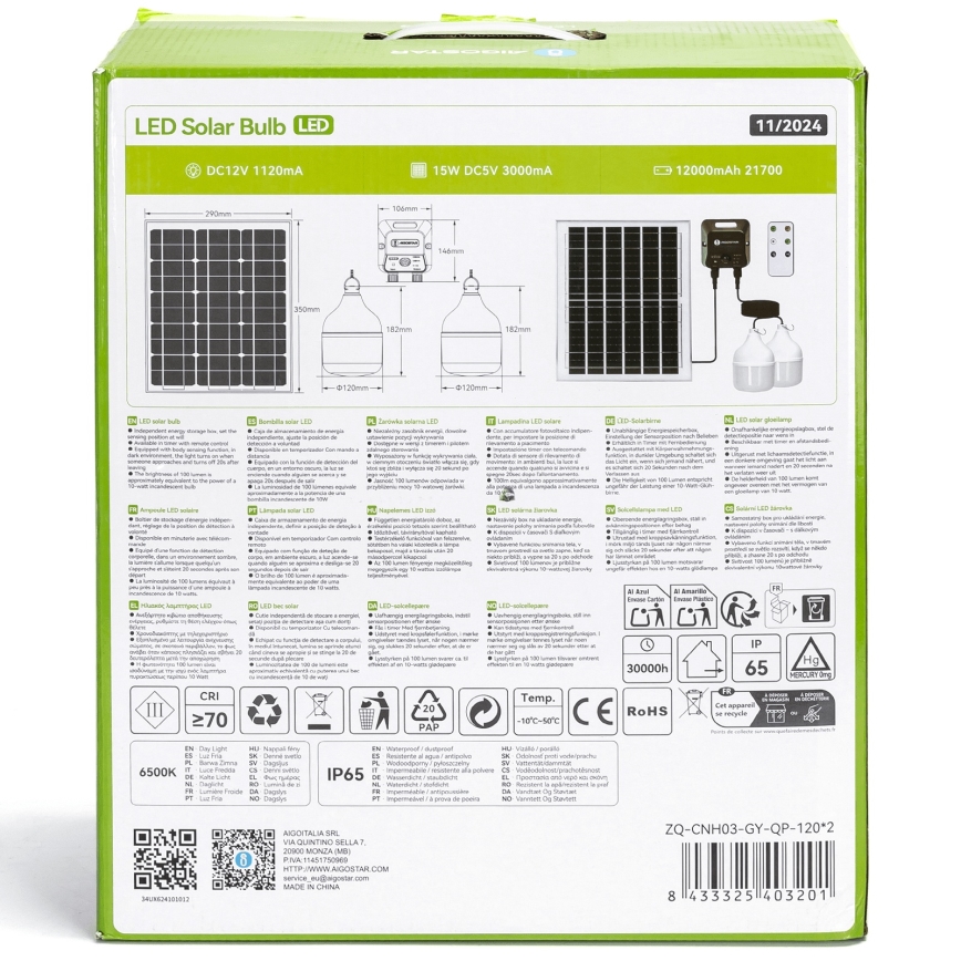 Aigostar - LED ηλιακό φωτιστικό με αισθητήρα 2xLED/70W/12V 12000 mAh 6500K IP65 διάμ. 12 cm + τηλεχειριστήριο