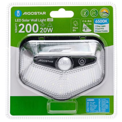 Aigostar - Ηλιακό LED φωτιστικό με αισθητήρα, 3,7V, 6500K, 500 mAh, IP65, μαύρο