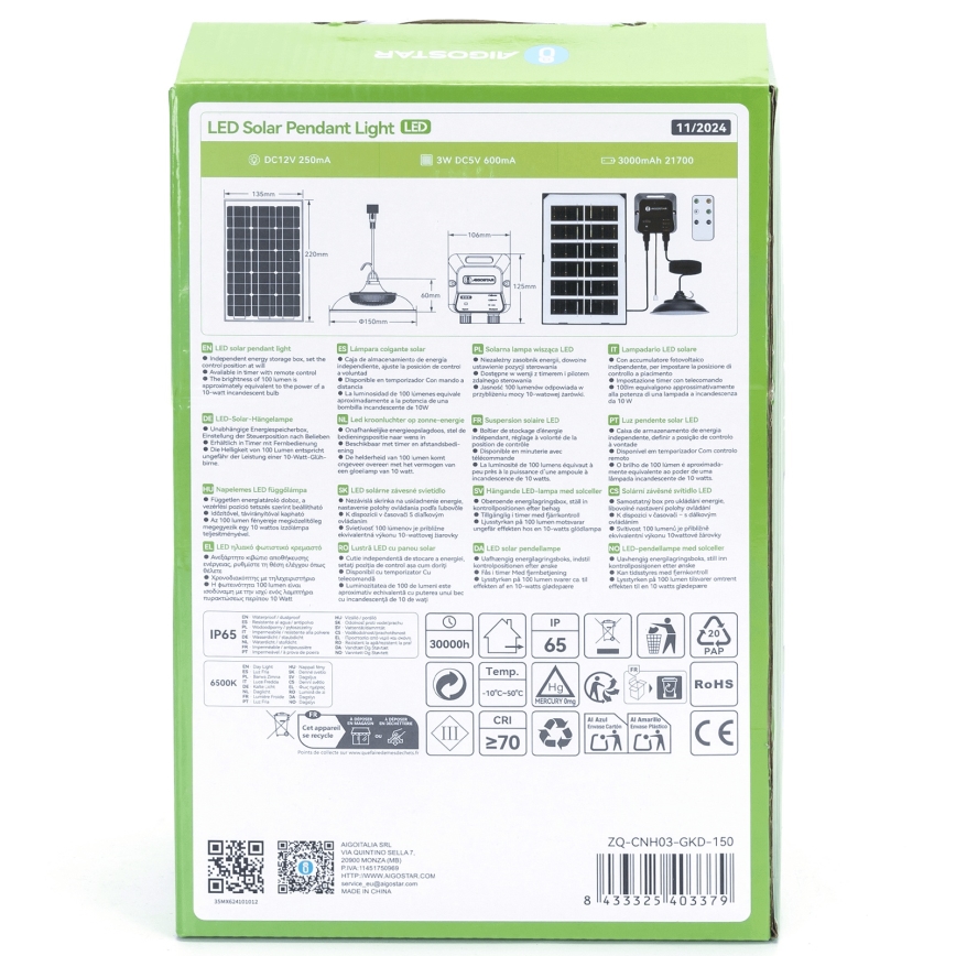 Aigostar - Ηλιακό κρεμαστό φωτιστικό LED LED/35W/12V 3000 mAh 6500K διάμετρος 15 cm + τηλεχειριστήριο