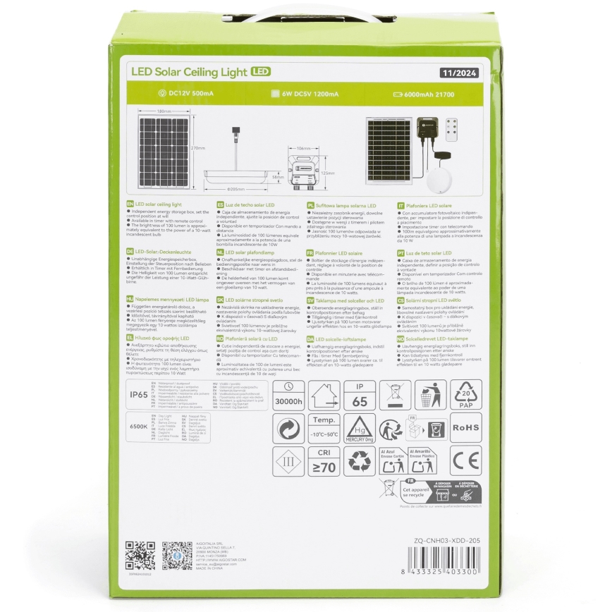 Aigostar - LED Ηλιακό φωτιστικό LED/70W/12V 6000 mAh 6500K IP65 διάμ. 20,5 cm + τηλεχειριστήριο