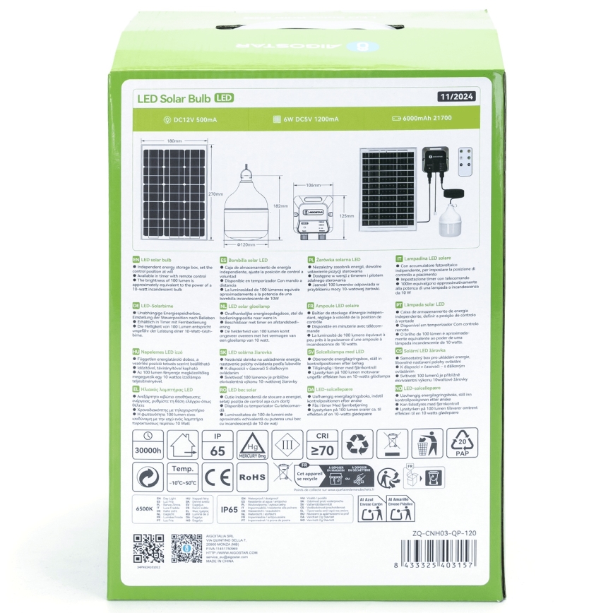 Aigostar - LED ηλιακό φωτιστικό 70W/12V, 6000 mAh, 6500K, IP65, διάμ. 12 εκ., με τηλεχειριστήριο