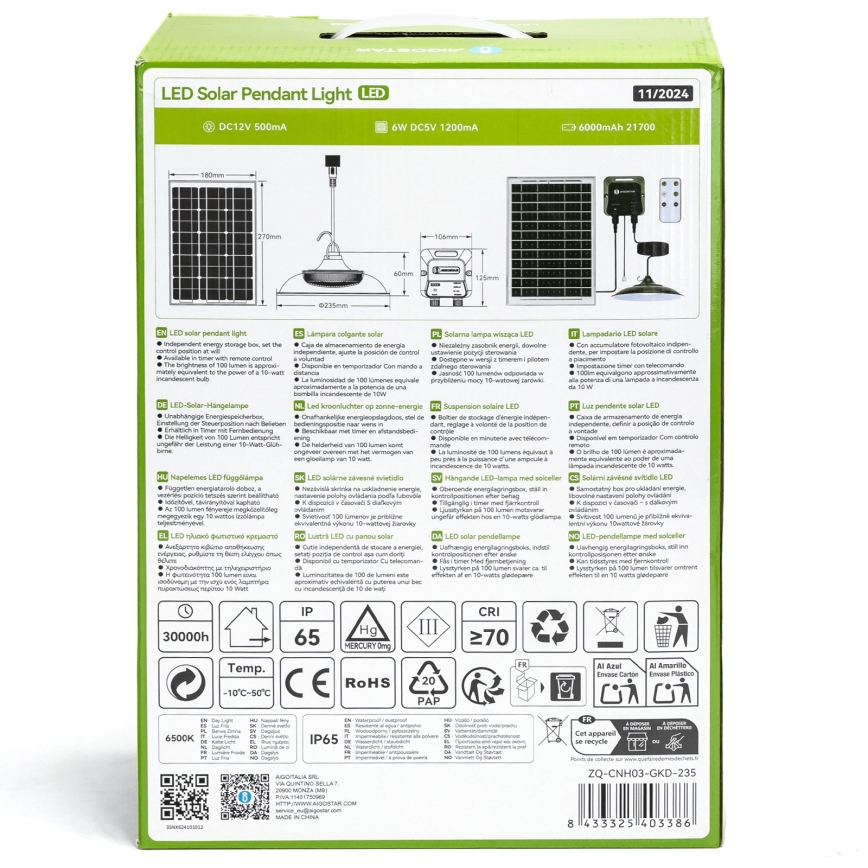 Aigostar - Ηλιακό φωτιστικό LED/70W/12V 6000 mAh 6500K IP65 διάμ. 23,5 cm + τηλεχειριστήριο