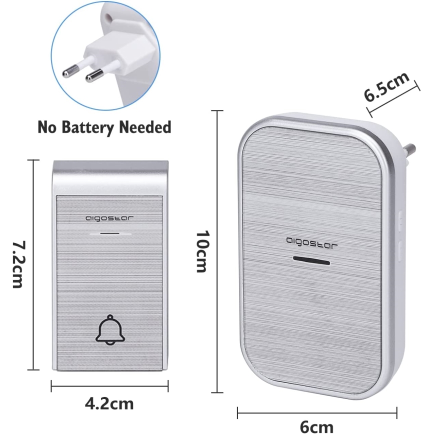 Aigostar - Σετ 2x Ασύρματο κουδούνι για πρίζα 230V/12V IP44 ασημί