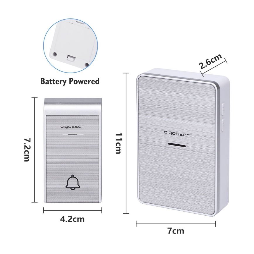 Aigostar - ΣΕΤ 2x Ασύρματο κουδούνι 3xAA/12V IP44 ασημί