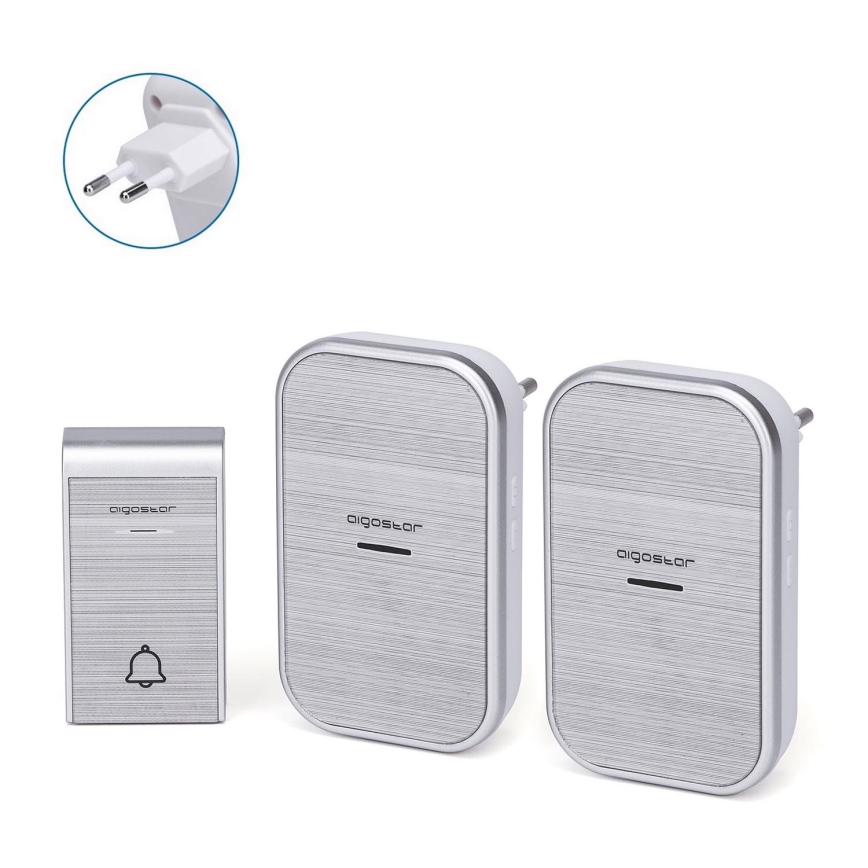 Aigostar - Σετ 2x Ασύρματο κουδούνι για πρίζα 230V/12V IP44 ασημί