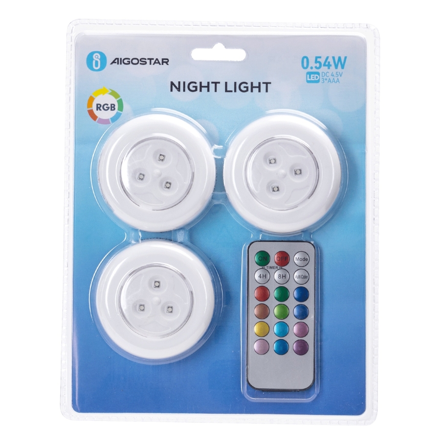 Aigostar - Σετ 3x LED RGB φορητά νυχτερινά φωτιστικά LED/3xAAA + τηλεχειριστήριο