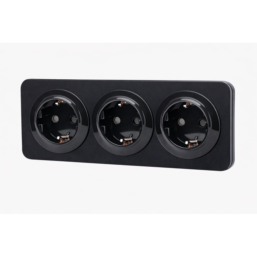 Aigostar - Πρίζα τοίχου 3 θέσεων με πλαίσιο, SCHUKO 250V/16A, μαύρη
