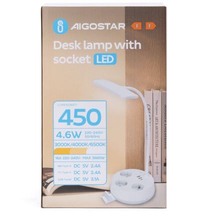 Aigostar - LED ρυθμιζόμενο επιτραπέζιο φωτιστικό γραφείου με πρίζες και θύρα USB LED/4,6W/230V 3000/4000/6500K λευκό