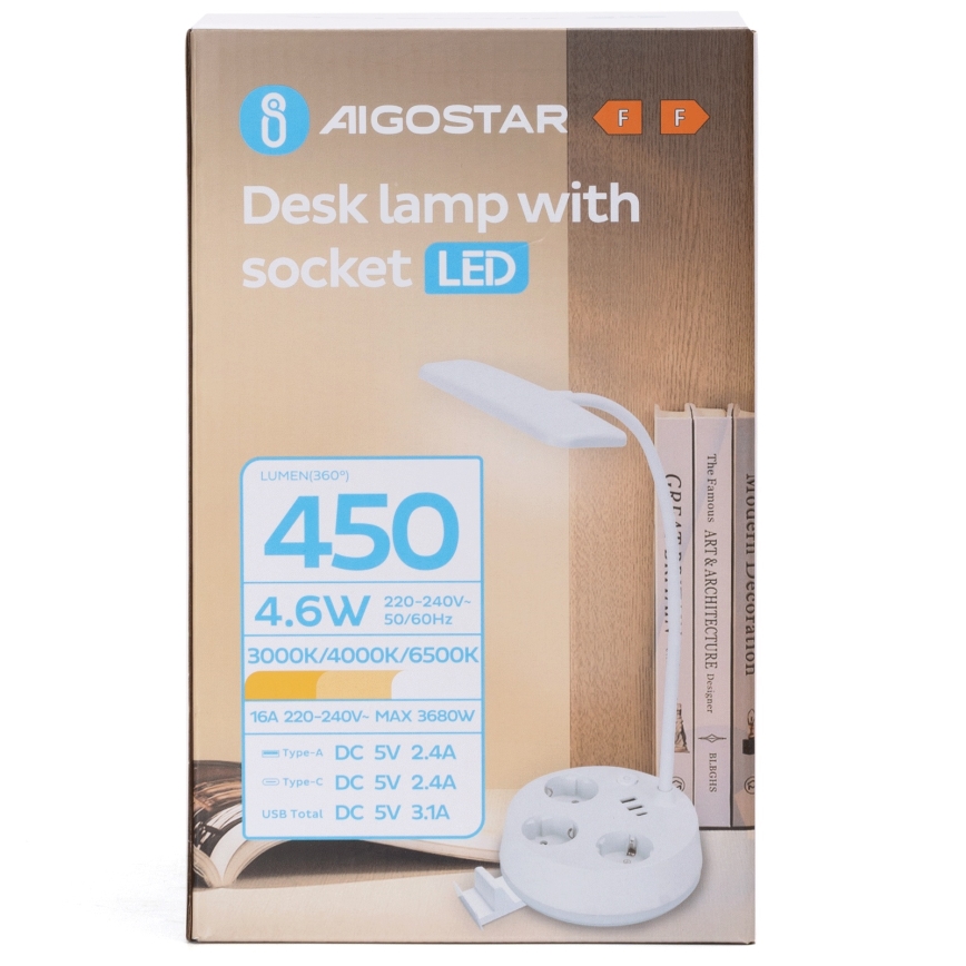 Aigostar - LED ρυθμιζόμενο επιτραπέζιο φωτιστικό γραφείου με πρίζες και θύρα USB LED/4,6W/230V 3000/4000/6500K λευκό