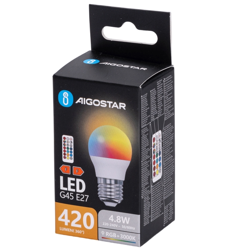 Aigostar - Ρυθμιζόμενη λάμπα LED RGBW G45 E27/4,8W/230V 3000K + τηλεχειριστήριο