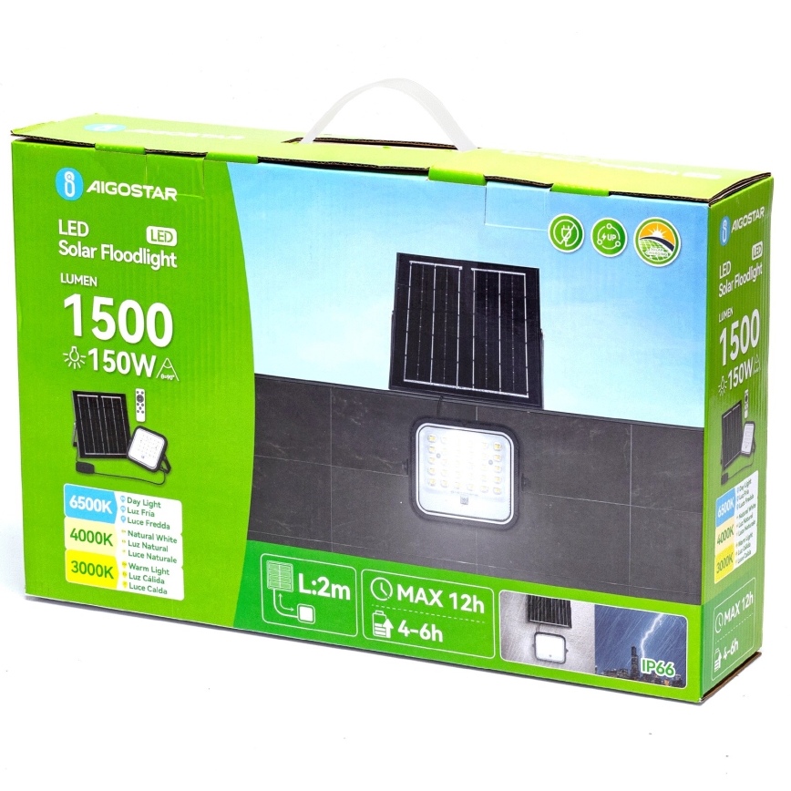 Aigostar - Ρυθμιζόμενος ηλιακός προβολέας LED/150W/3,4V 3000/4000/6500K IP66 12000 mAh + τηλεχειριστήριο