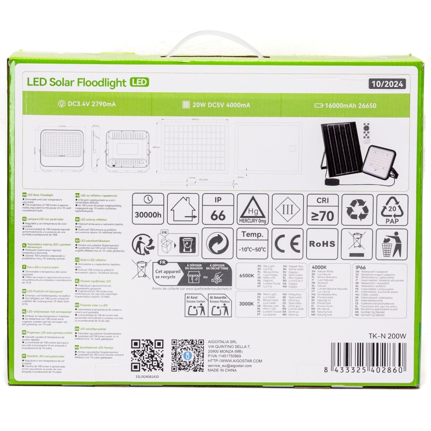Aigostar - LED Ρυθμιζόμενος ηλιακός προβολέας LED/200W/3,4V 3000/4000/6500K IP66 16000 mAh + τηλεχειριστήριο