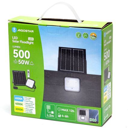 Aigostar - Ρυθμιζόμενος ηλιακός προβολέας LED/50W/3,4V 3000/4000/6500K IP66 4000 mAh + τηλεχειριστήριο