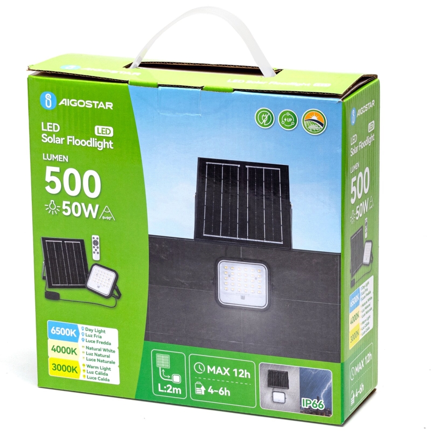 Aigostar - Ρυθμιζόμενος ηλιακός προβολέας LED/50W/3,4V 3000/4000/6500K IP66 4000 mAh + τηλεχειριστήριο