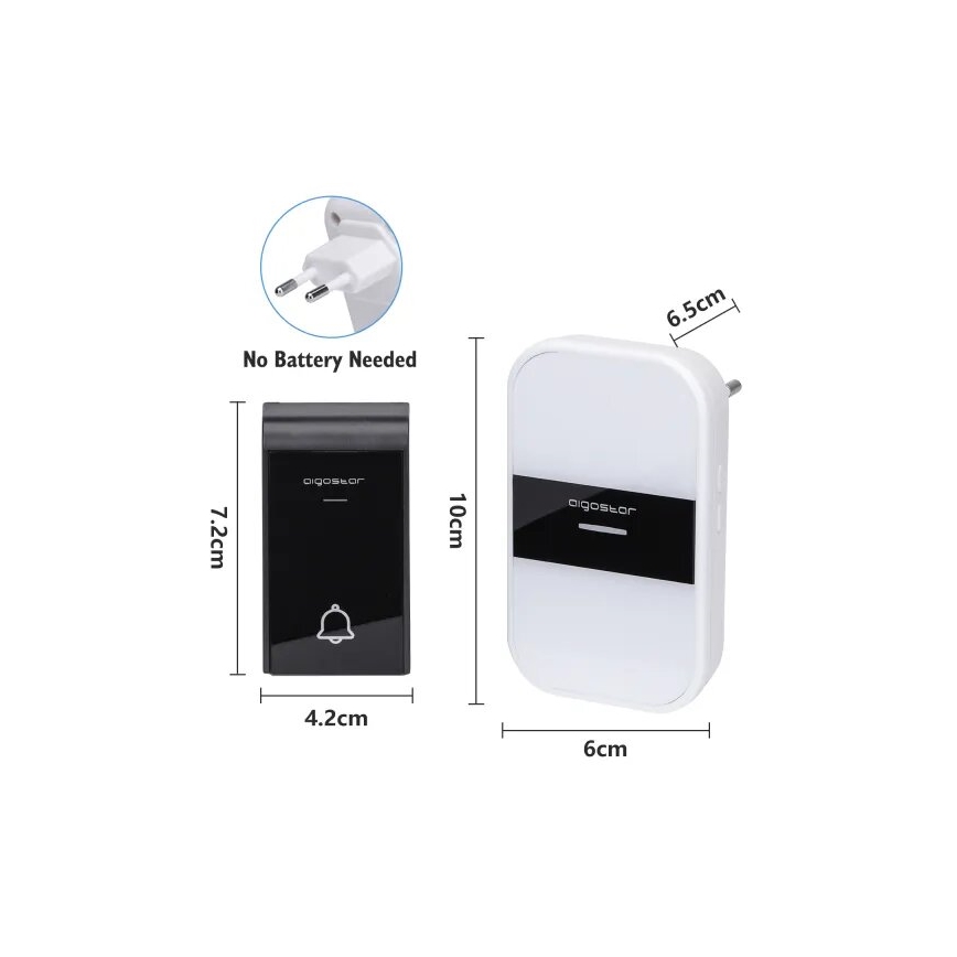 Aigostar - SET 2x Ασύρματο κουδούνι πρίζας 230V IP44 λευκό/μαύρο