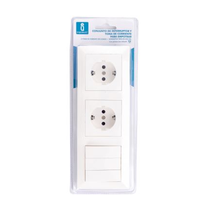 Aigostar - Τριπλός διακόπτης αρ. 3 και 2x πρίζες SCHUKO 230V με λευκό πλαίσιο