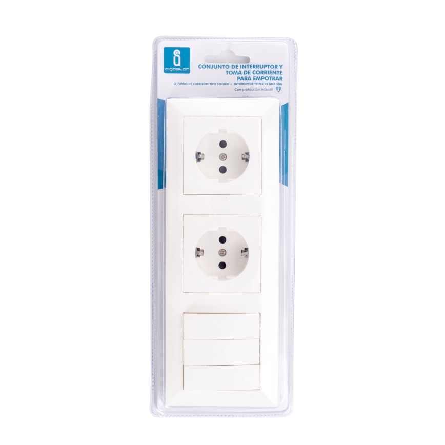 Aigostar - Τριπλός διακόπτης αρ. 3 και 2x πρίζες SCHUKO 230V με λευκό πλαίσιο
