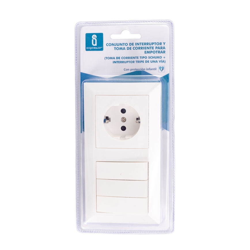 Aigostar - Τριπλός διακόπτης αρ. 3 και πρίζα SCHUKO 230V με λευκό πλαίσιο