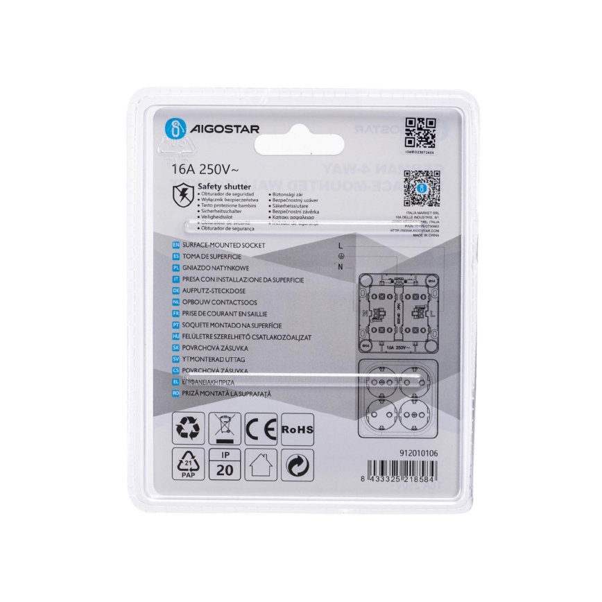 Aigostar - Τετραπλή επιτοίχια οικιακή πρίζα SCHUKO 250V λευκή