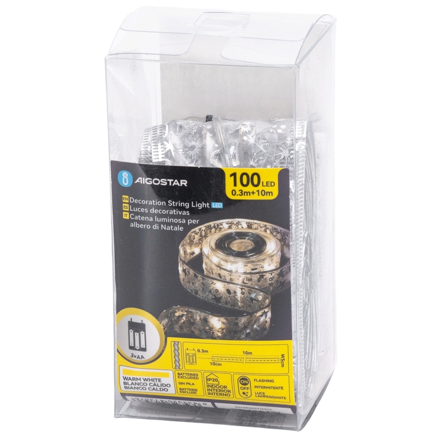 Aigostar - LED γιρλάντα 100xLED/3xAA 10 m θερμό λευκό ασημί
