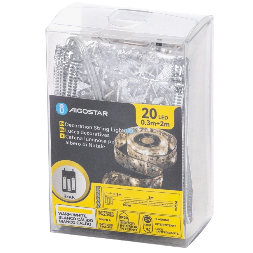 Aigostar - LED γιρλάντα 20xLED/3xAA, 2 m, θερμό λευκό, ασημί