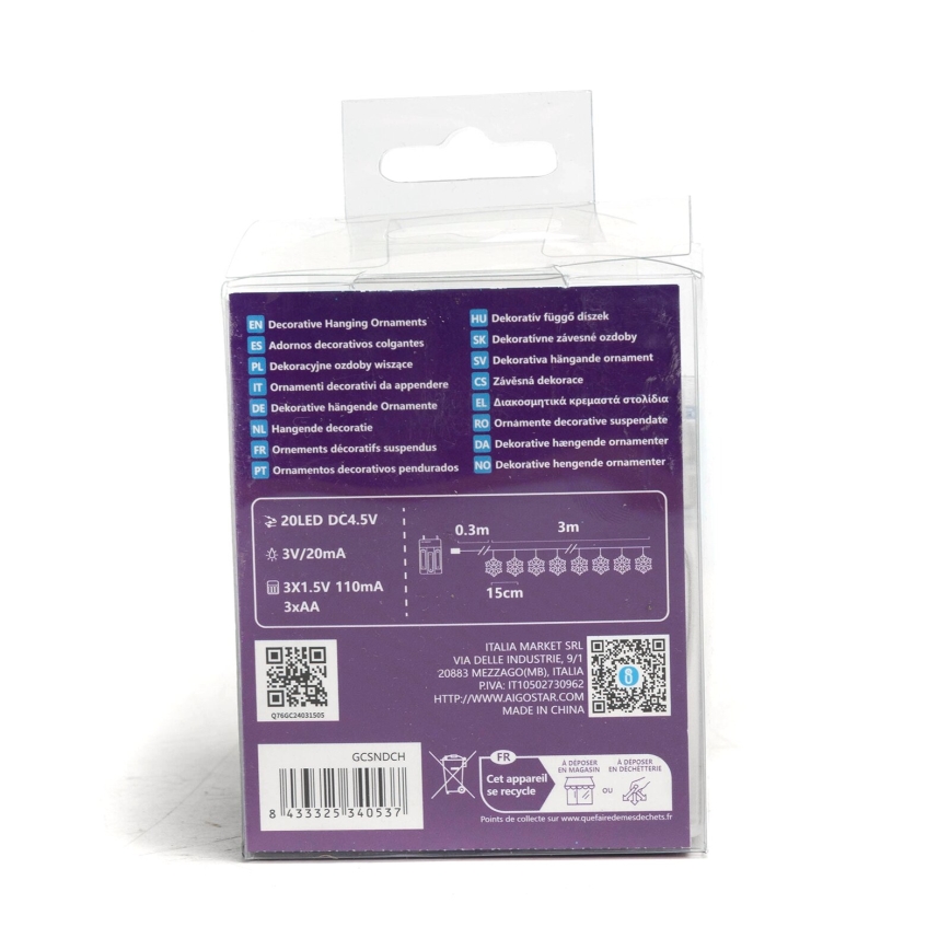 Aigostar - Γιρλάντα LED 20xLED/3xAA 3,3m νιφάδες χιονιού