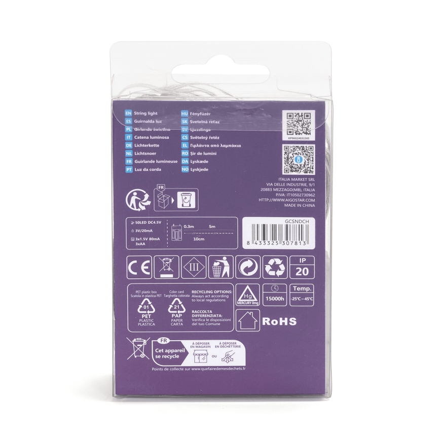 Aigostar - Γιρλάντα LED 50xLED/3xAA 5,3m ζεστό λευκό