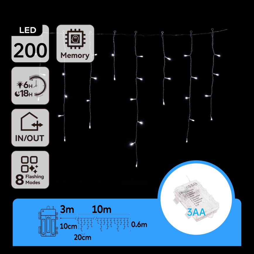 Aigostar - LED εξωτερική γιρλάντα 200xLED/8 λειτουργίες 3xAA 13x0,6m IP44 ψυχρό λευκό