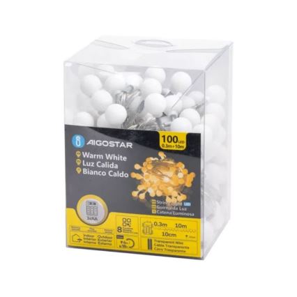 Aigostar - LED χριστουγεννιάτικα φωτάκια για εξωτερικούς χώρους 100xLED/3xAA/8 λειτουργίες 10,3 m IP44 θερμό λευκό