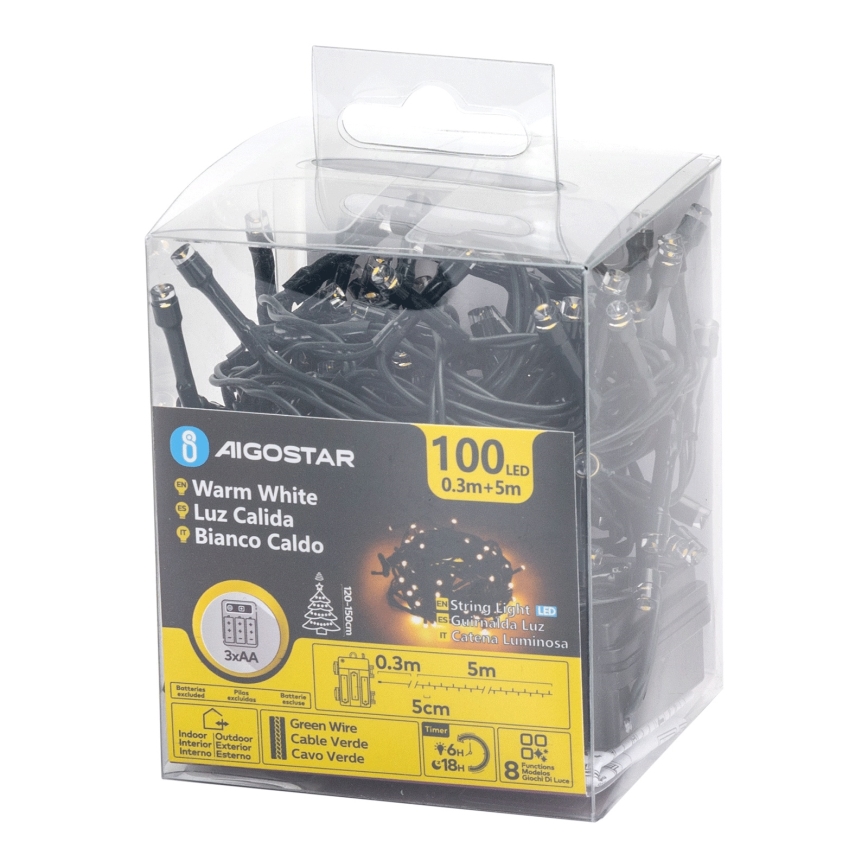 Aigostar - LED Εξωτερική γιρλάντα 100xLED/8 λειτουργίες 3xAA 5,3 m IP44 θερμό λευκό